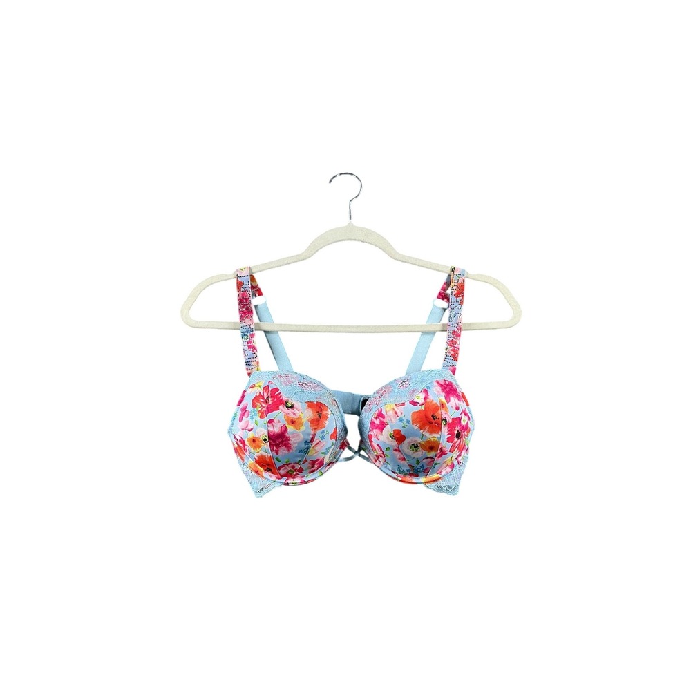 Victoria's Secret Bombshell Plunge Bra 34B Blue Floral Lace Push Up 128236-QCN